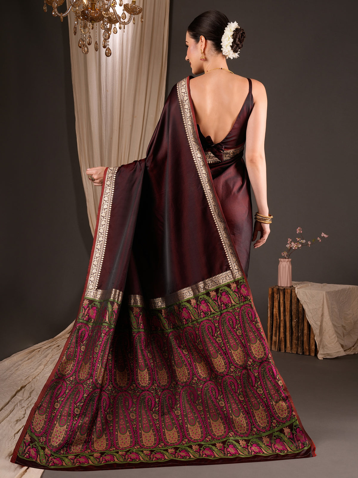Burgundy Satin Silk saree – detail view 1