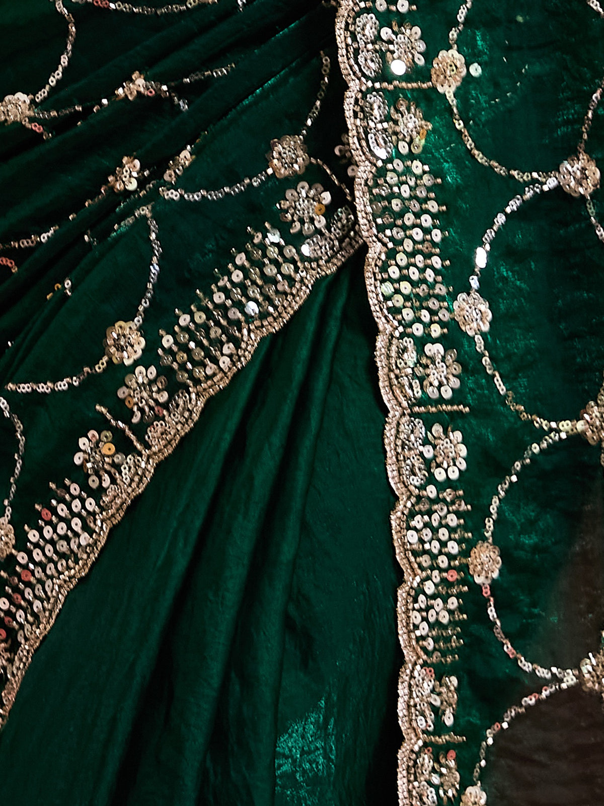 Green Satin saree – detail view 1