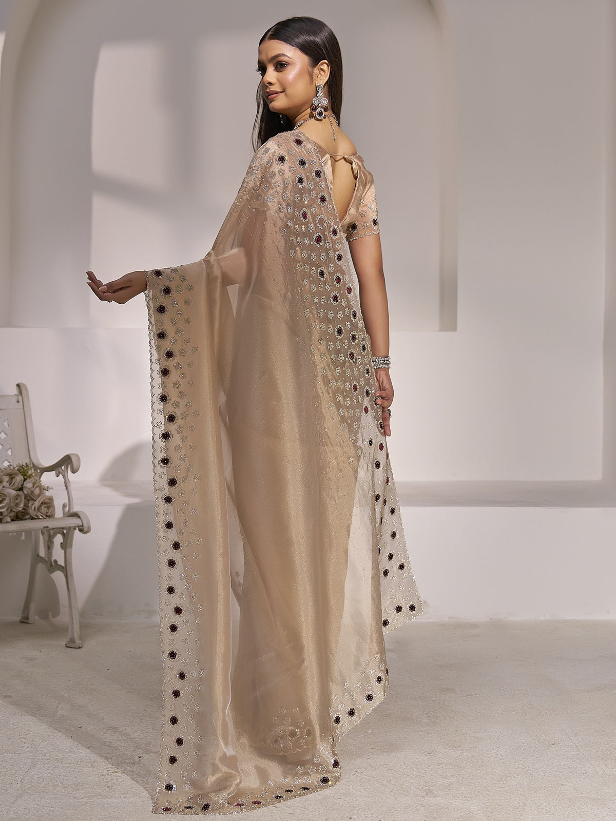 Champagne organza saree view 4