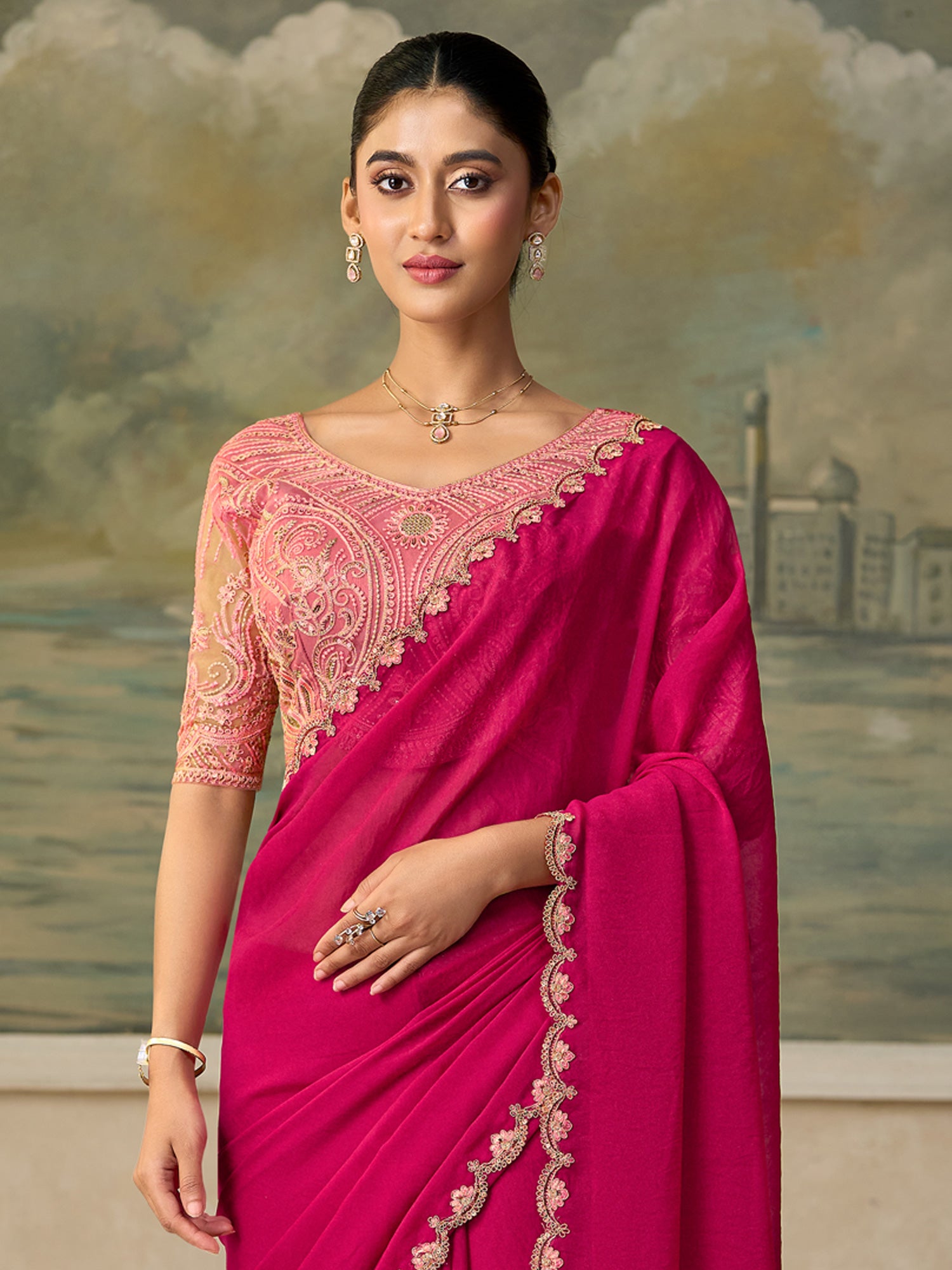 Pink Georgette saree – detail view 2