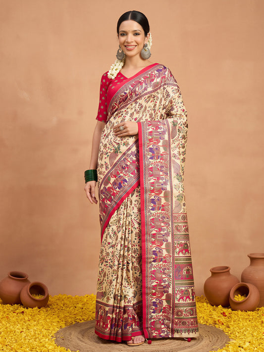 Woman wearing beige silk blend saree with metallic foil print work and pink blouse