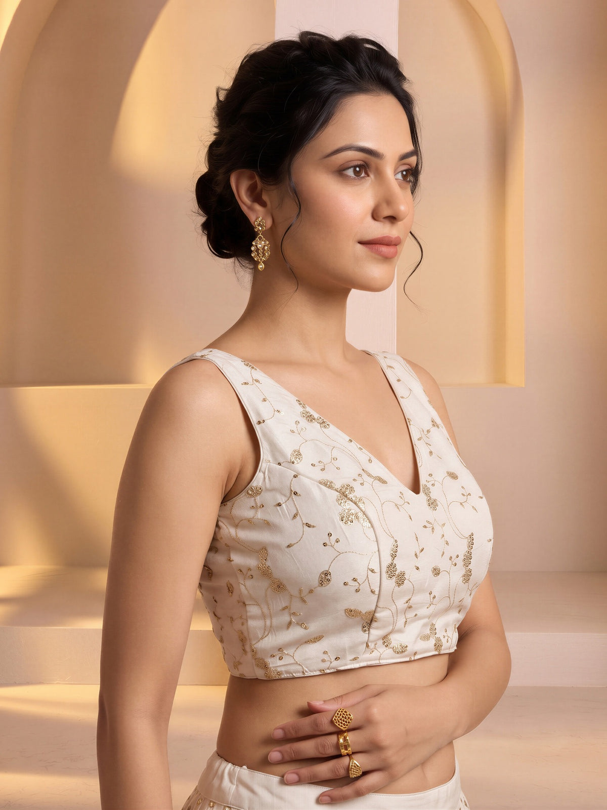 White sequin embroidered vichitra silk sleeveless readymade saree blouse with v neck view 2