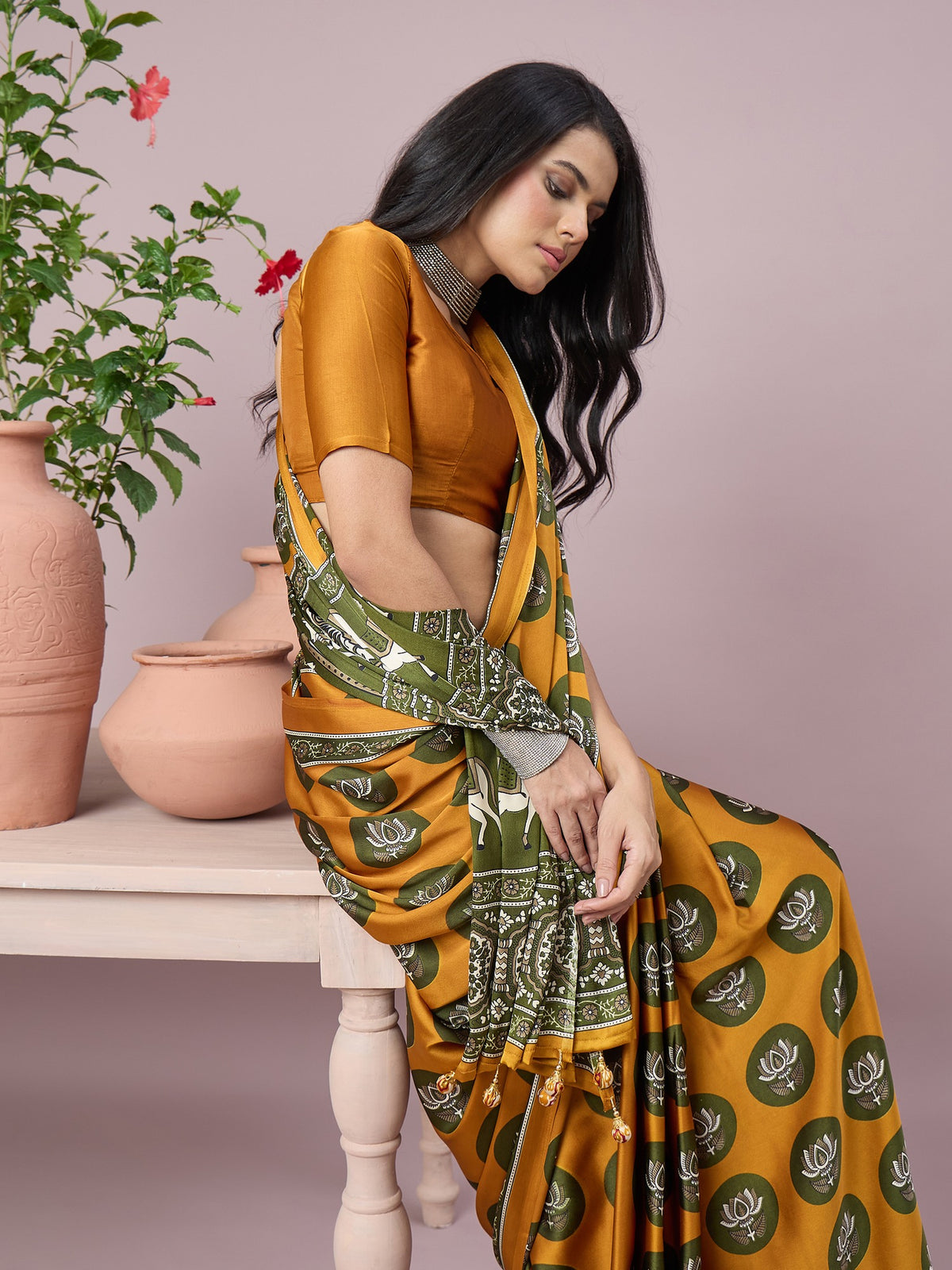 Mustard satin saree view 6