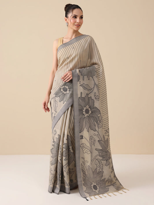 Beige ethnic motif silk blend saree with beige blouse piece