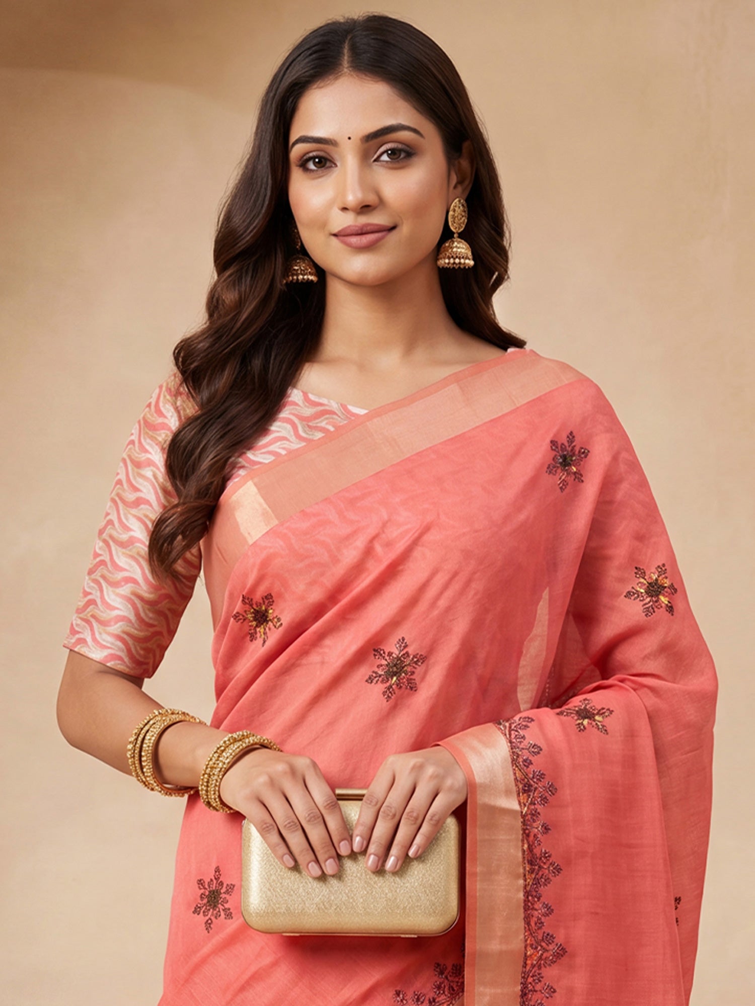 Peach Cotton Linen saree – detail view 4