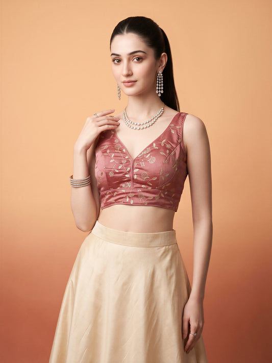 Rose Gold sequin embellished silk blend sleeveless readymade saree blouse with v neck