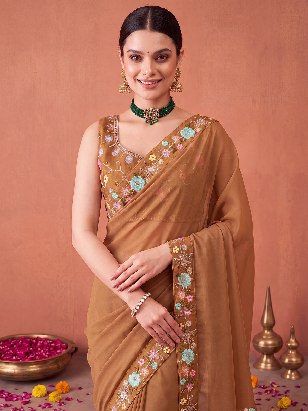 Light Brown Poly Georgette saree – detail view 4