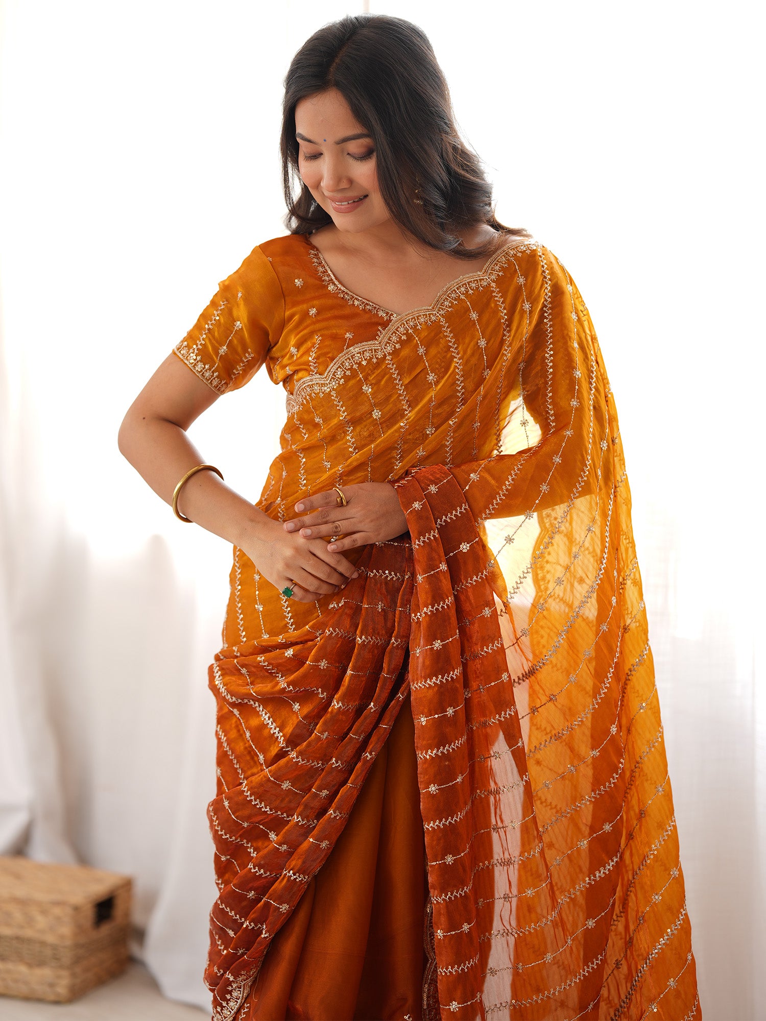 Mustard Satin saree – detail view 4