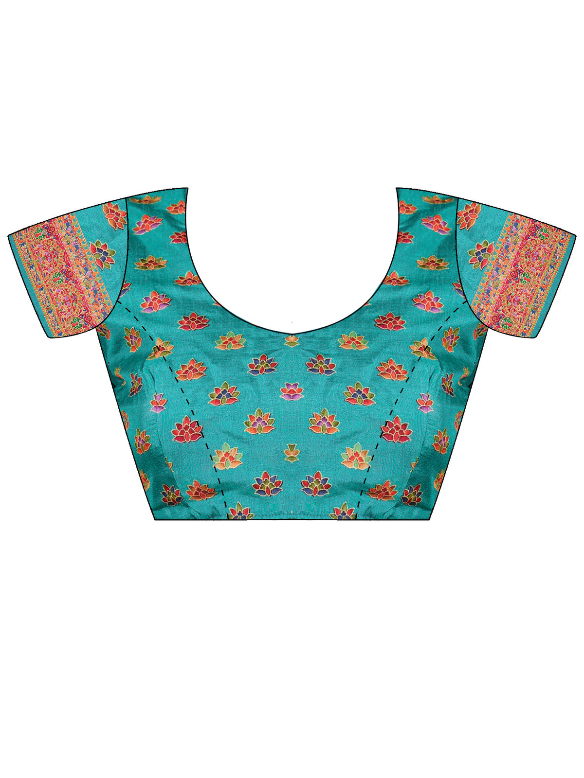 Unstitched light blue dola silk blouse piece with ethnic motif design