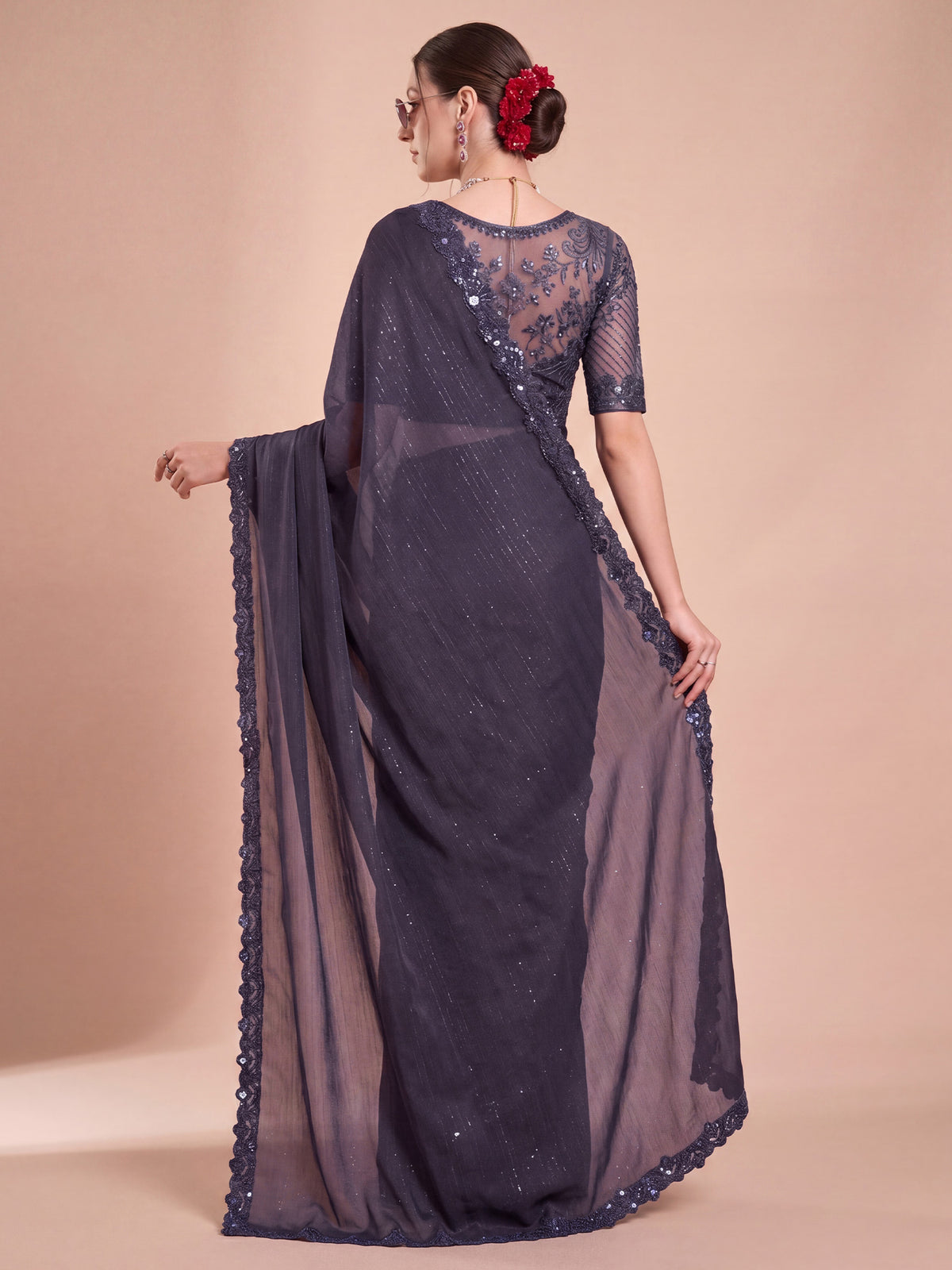 Violet Georgette saree – detail view 1
