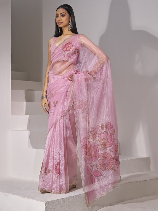 Lavender organza saree view 1