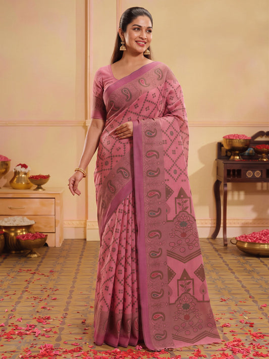 Pink woven design silk blend saree with pink blouse piece
