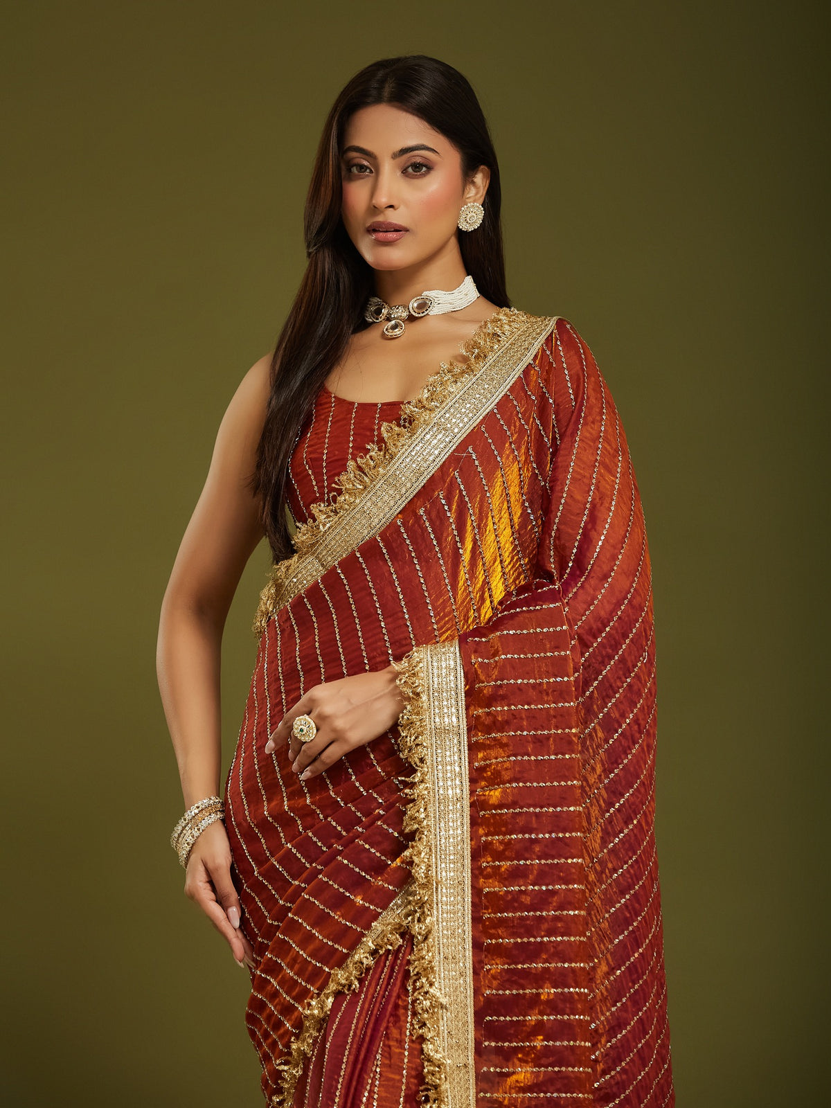 Orange Satin saree – detail view 5