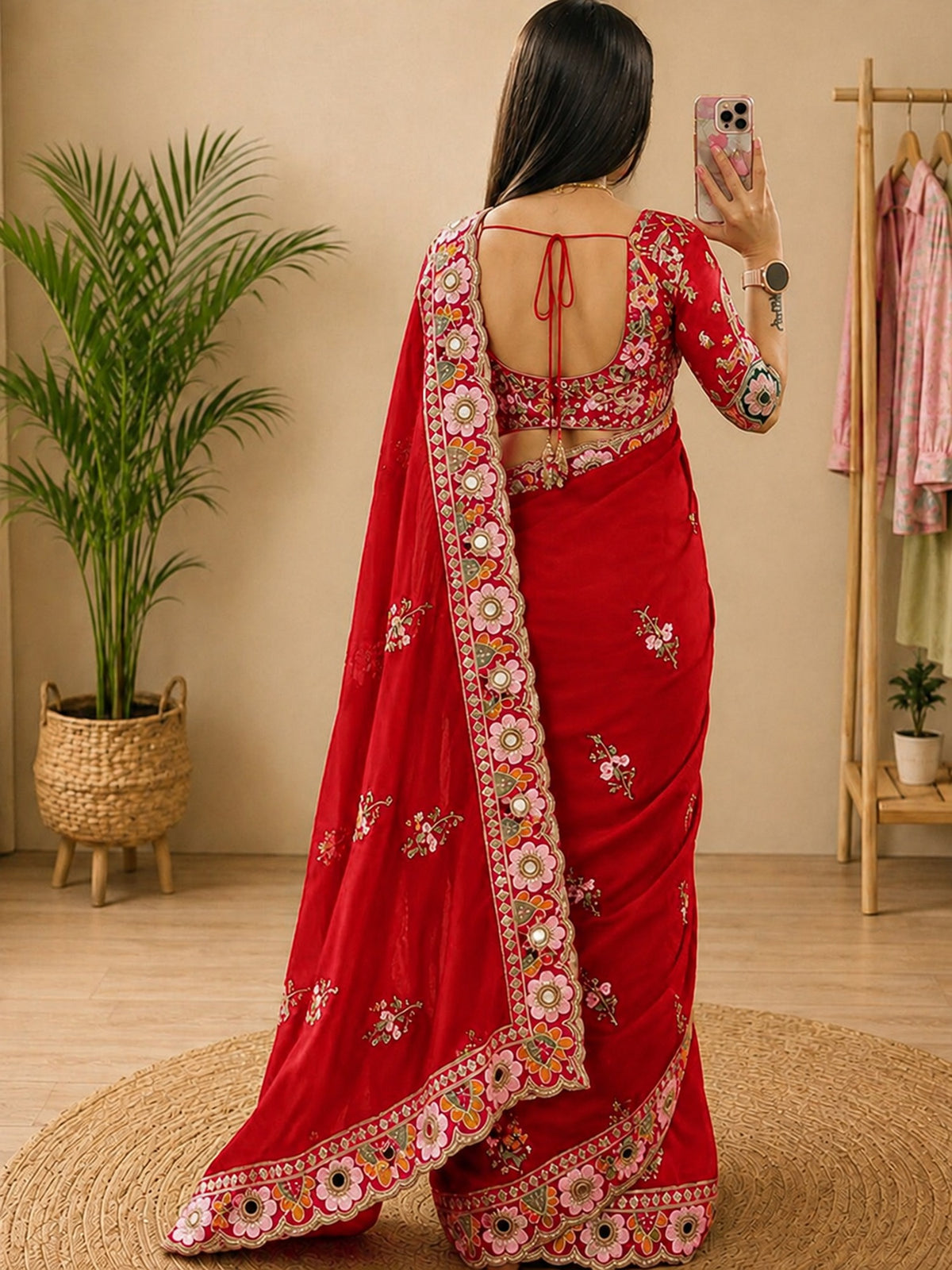 Red Pure Georgette saree – detail view 2