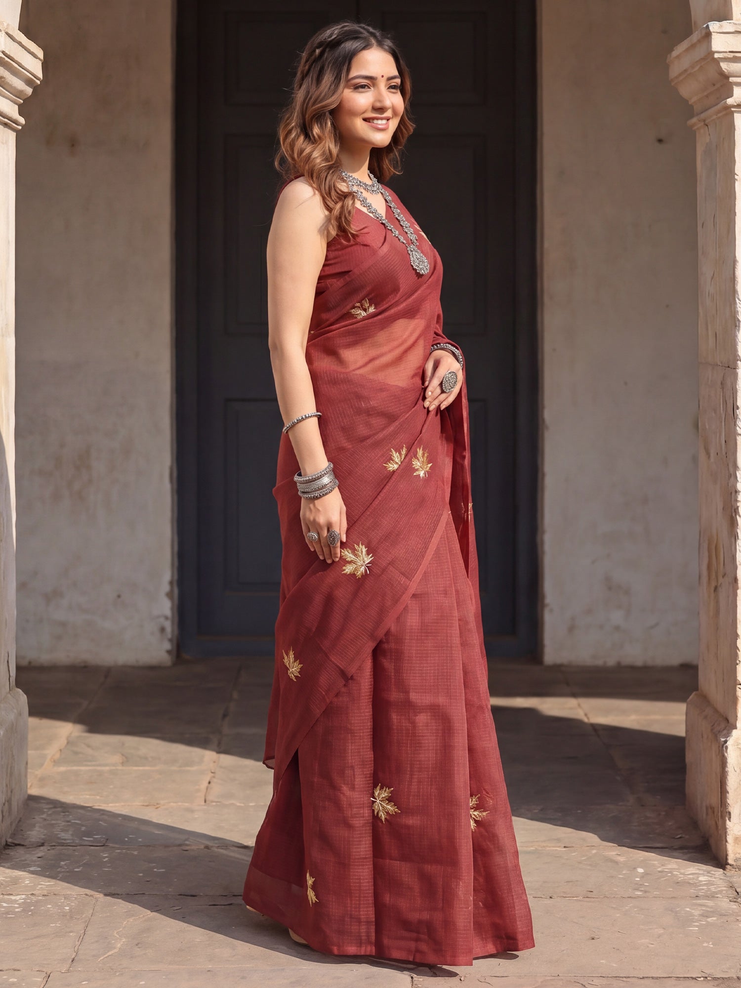 Maroon Kota Doria Cotton saree – detail view 2