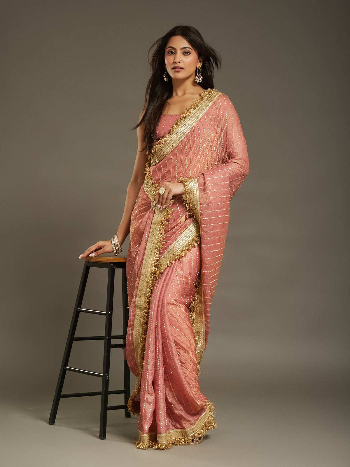 Peach Satin saree – detail view 2
