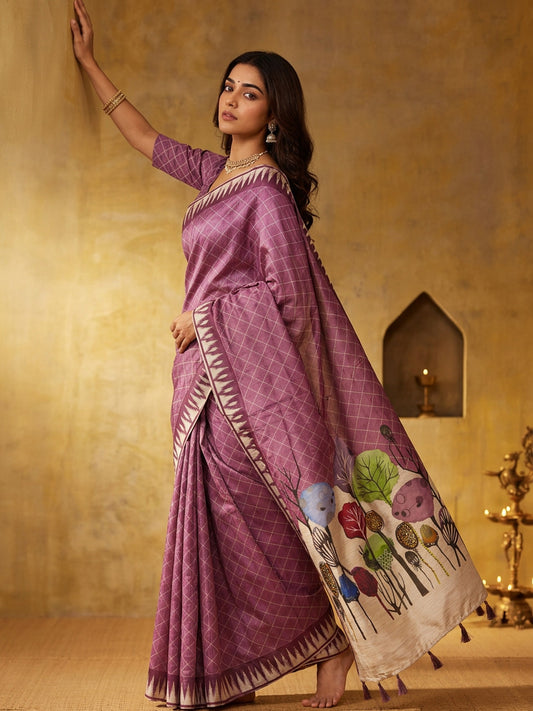 Mauve soft silk saree view 1