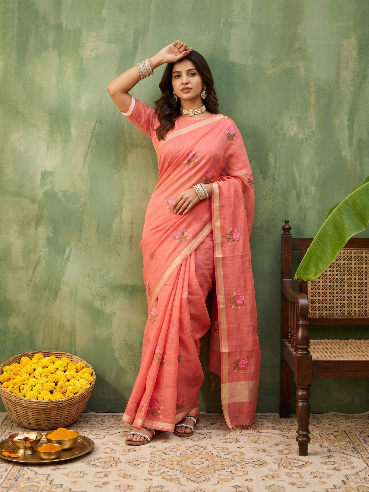 Peach Kota Doria Cotton saree – detail view 3