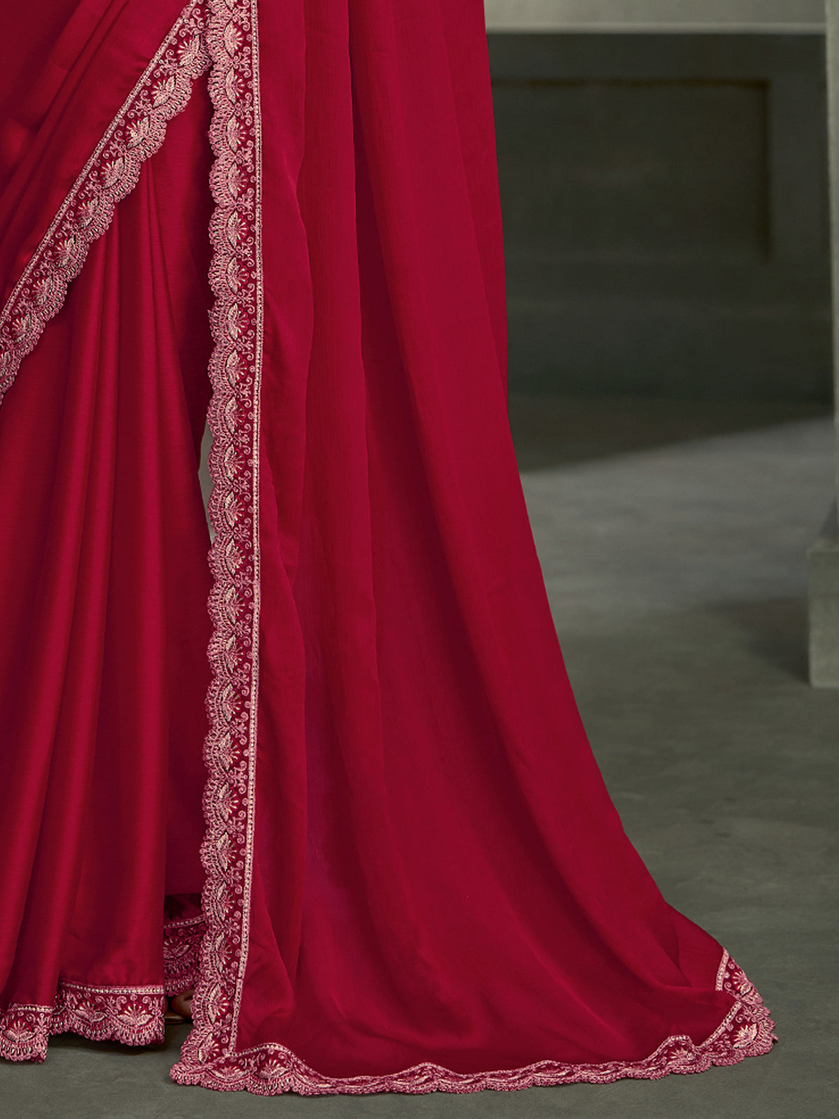 Red Satin Silk saree – detail view 4