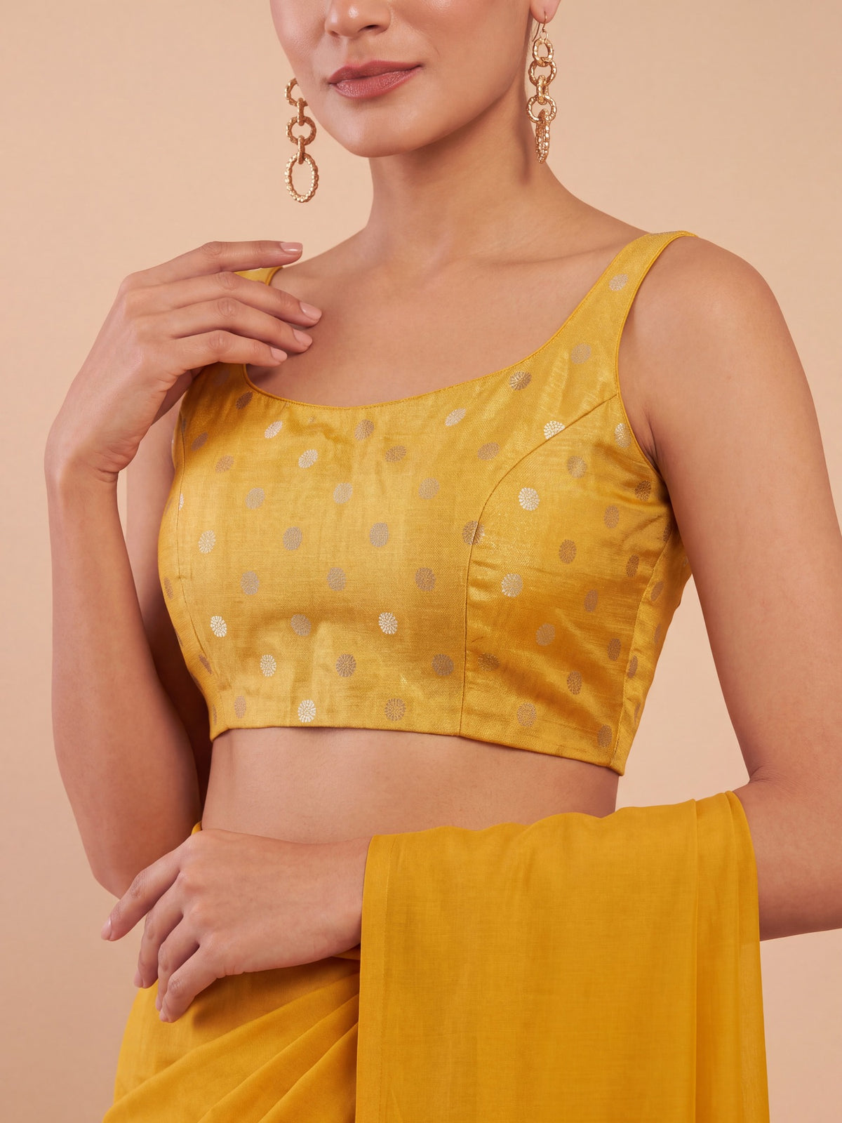 Yellow zari woven georgette sleeveless readymade saree blouse with round neck view 3