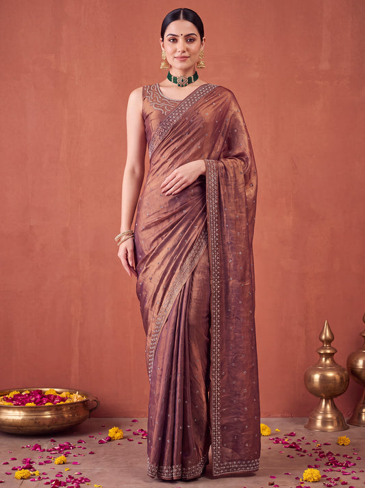 Woman wearing metallic satin silk saree with ornamented surface design and metallic blouse