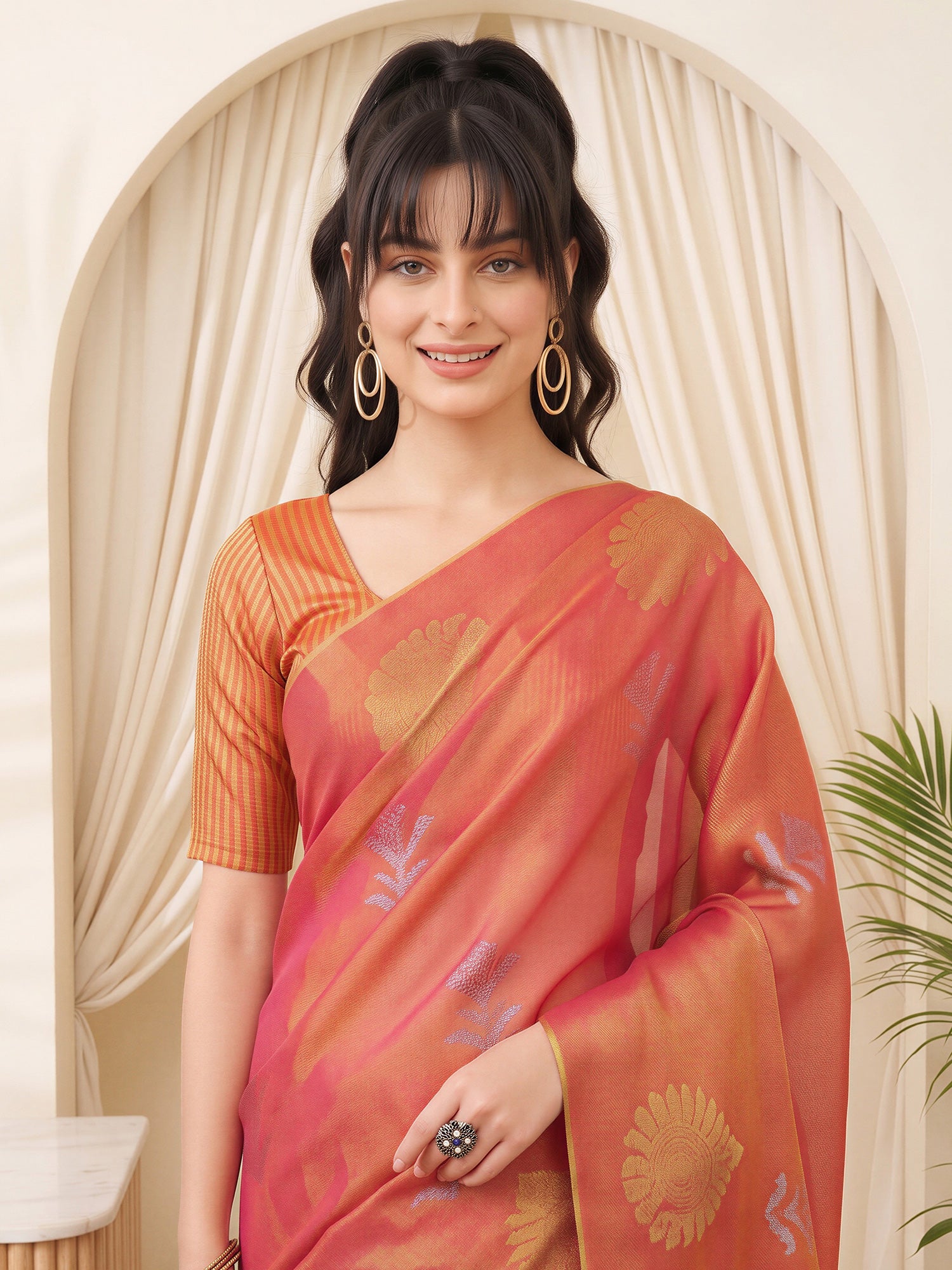 Orange Linen saree – detail view 3