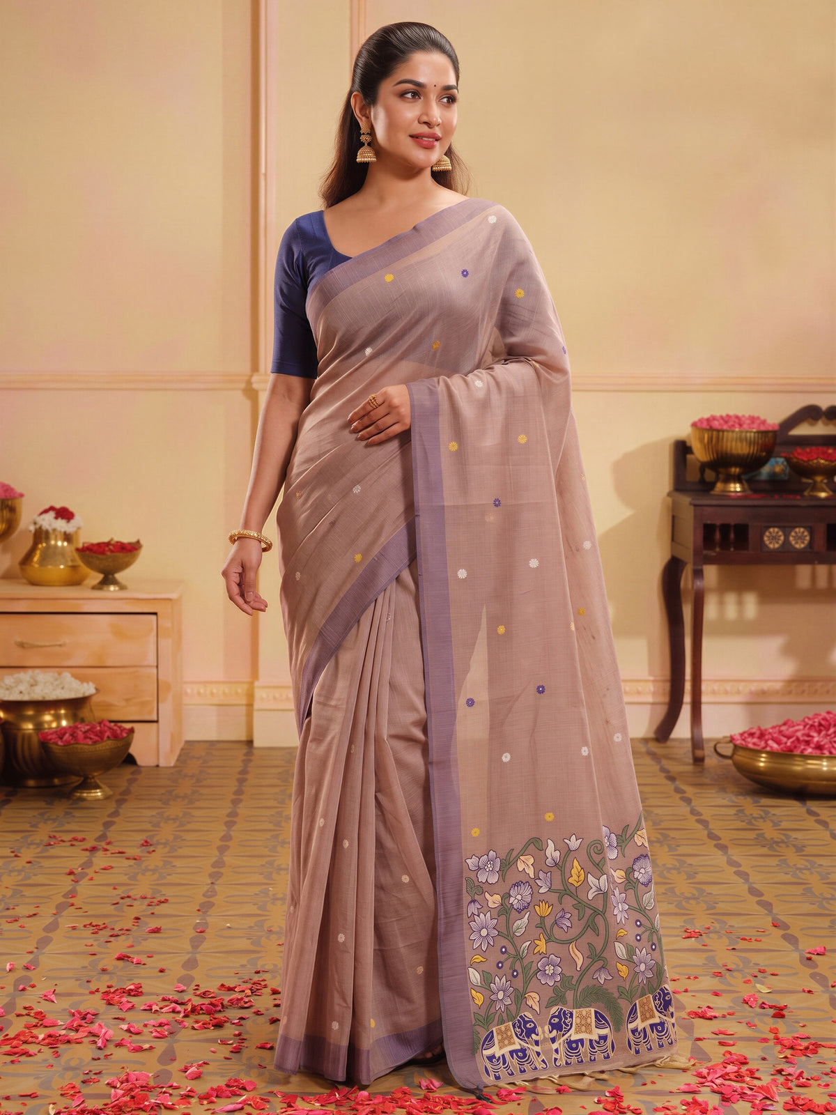 Light Brown ethnic motif silk blend saree with navy blue blouse piece