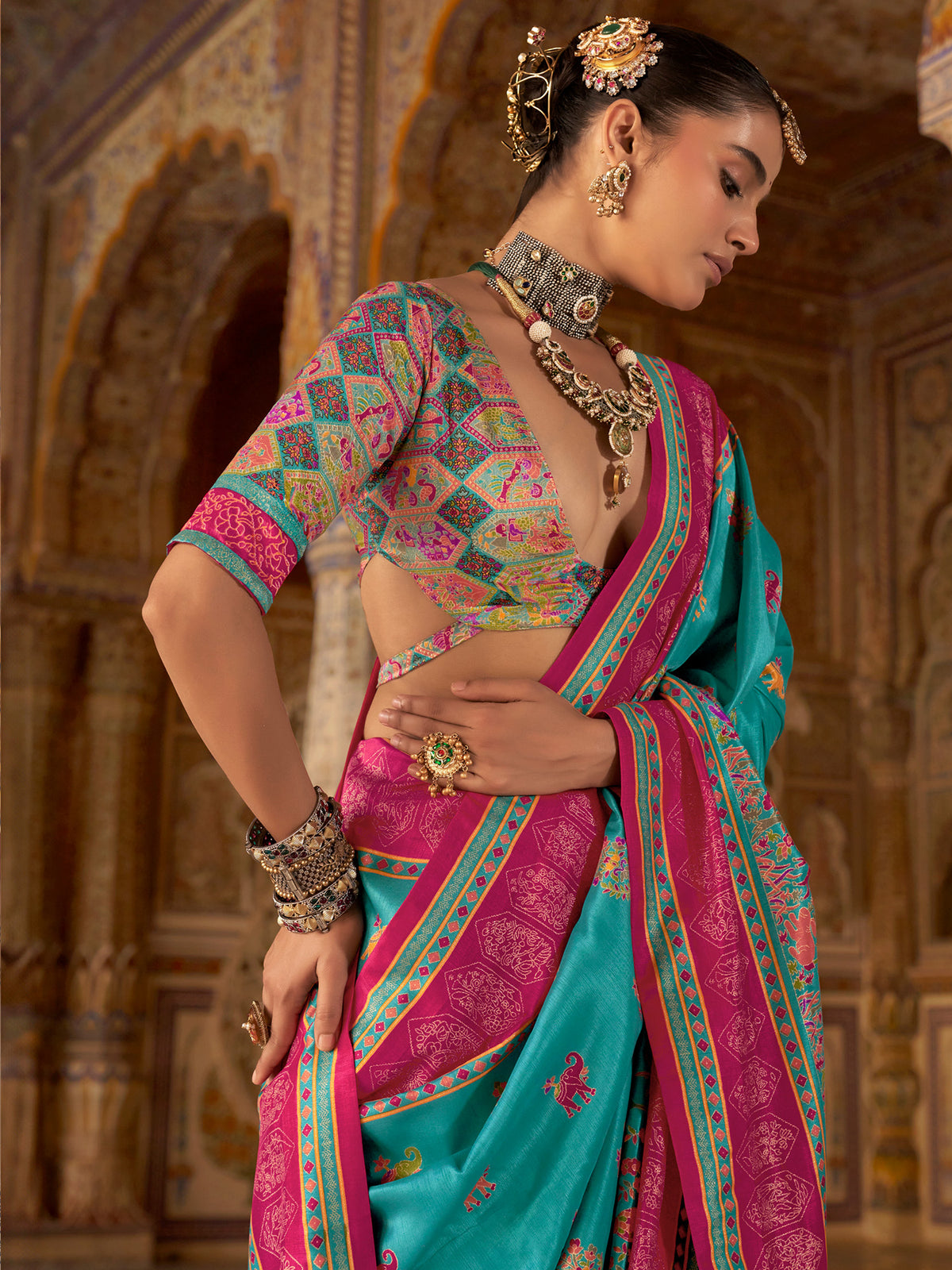 Turquoise Silk Blend saree – detail view 1