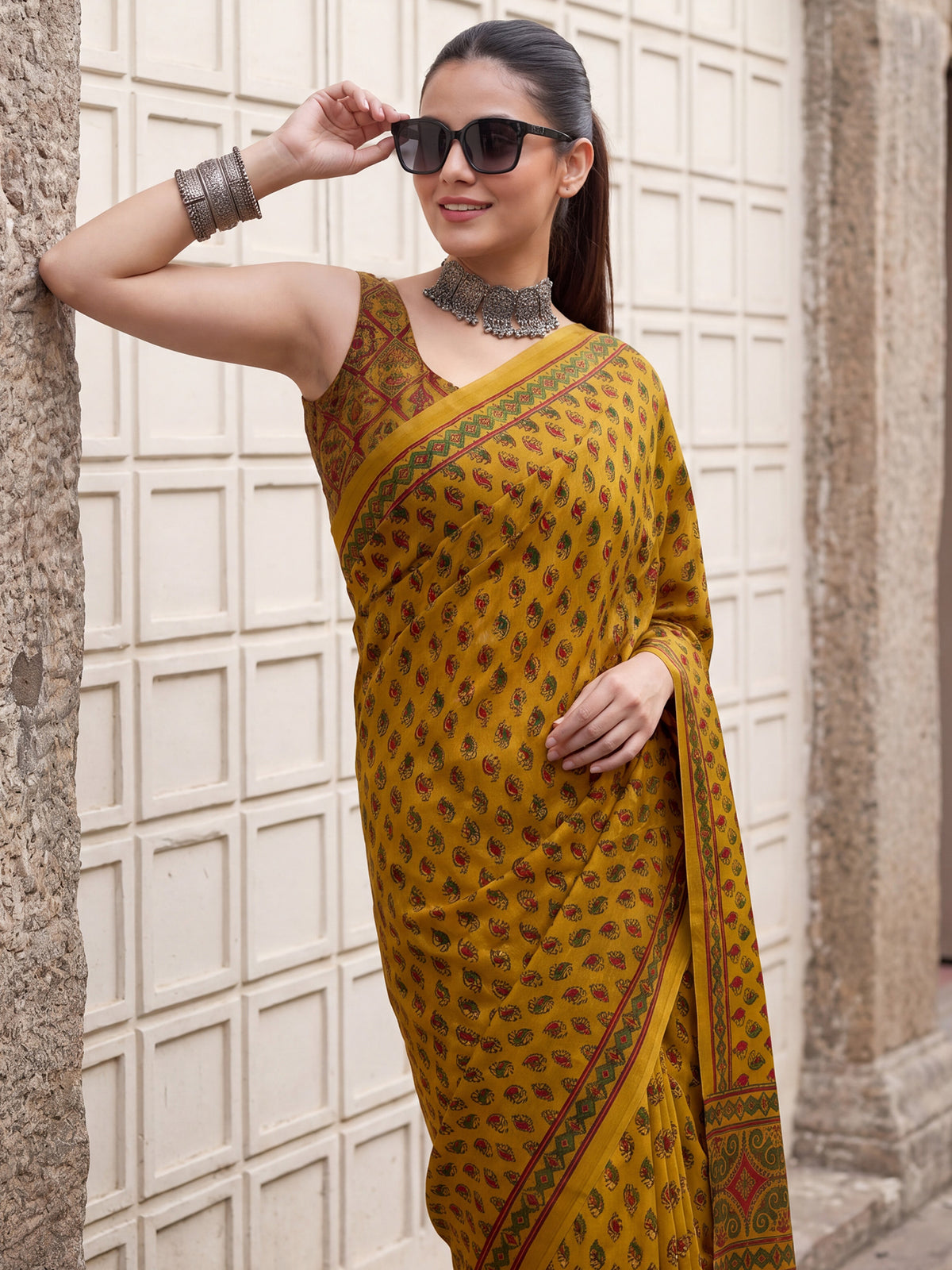 Mustard Pure Crepe saree – detail view 3