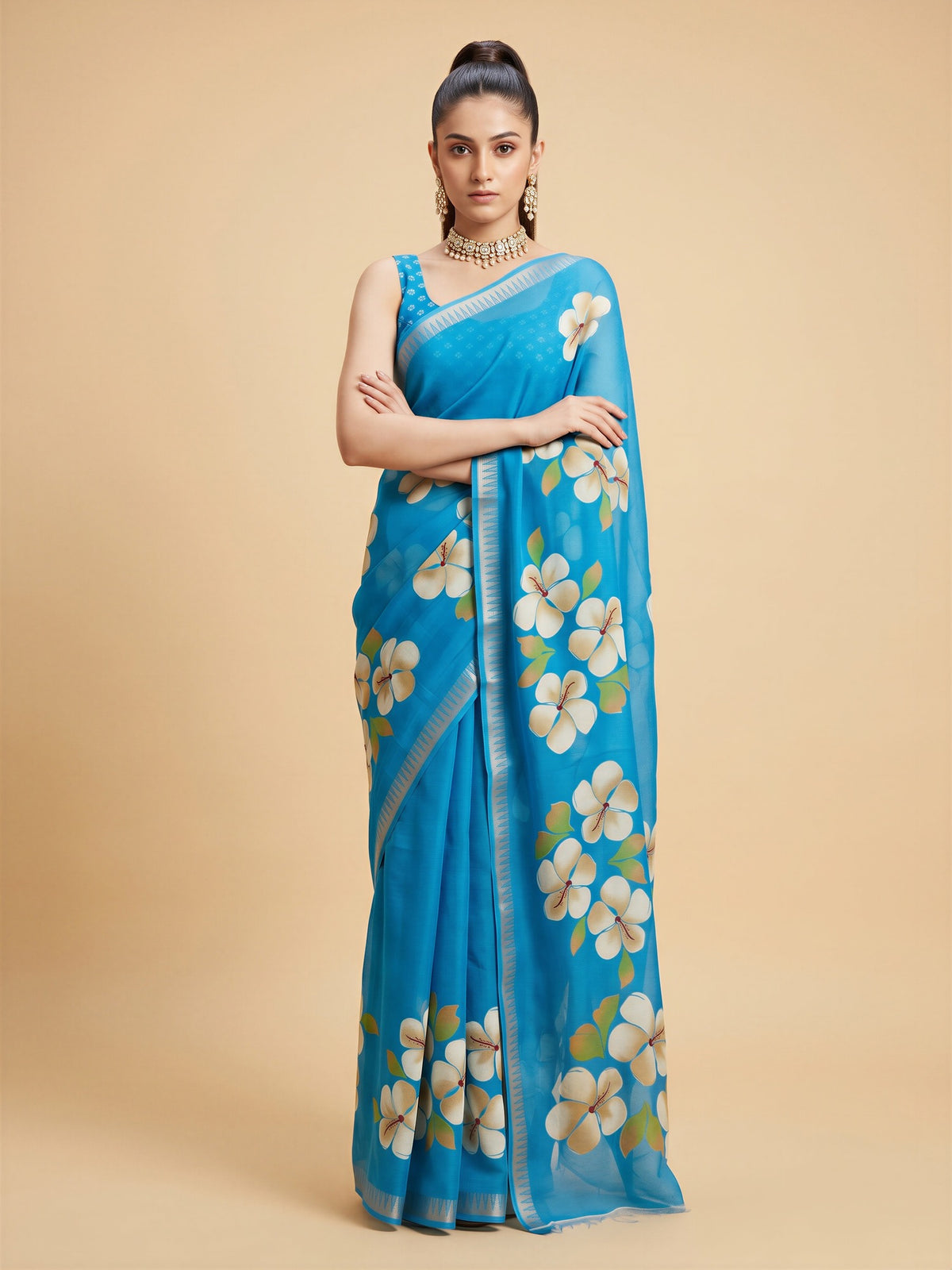 Turquoise Blue Georgette saree – detail view 2