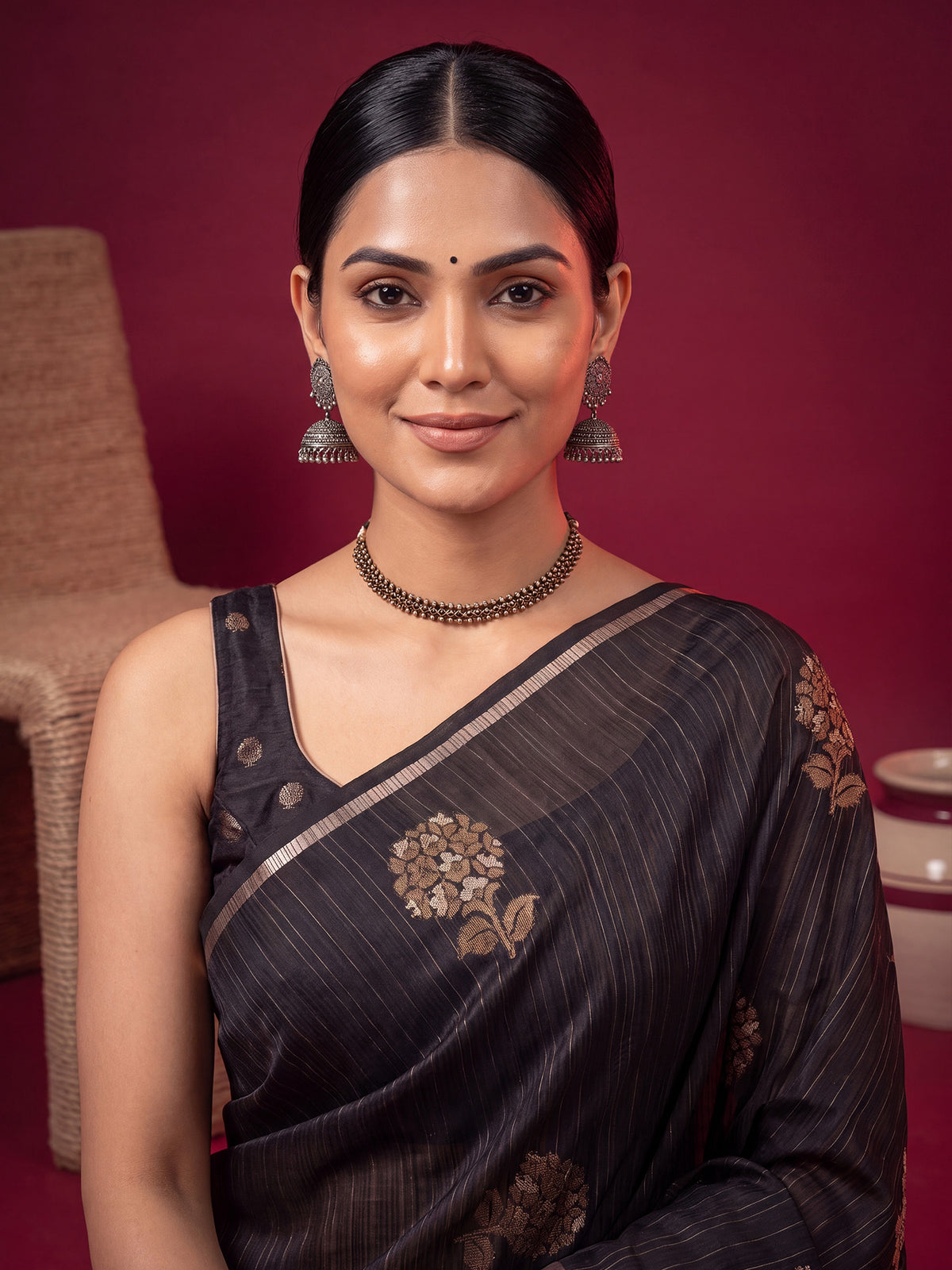 Black Satin Silk saree – detail view 4