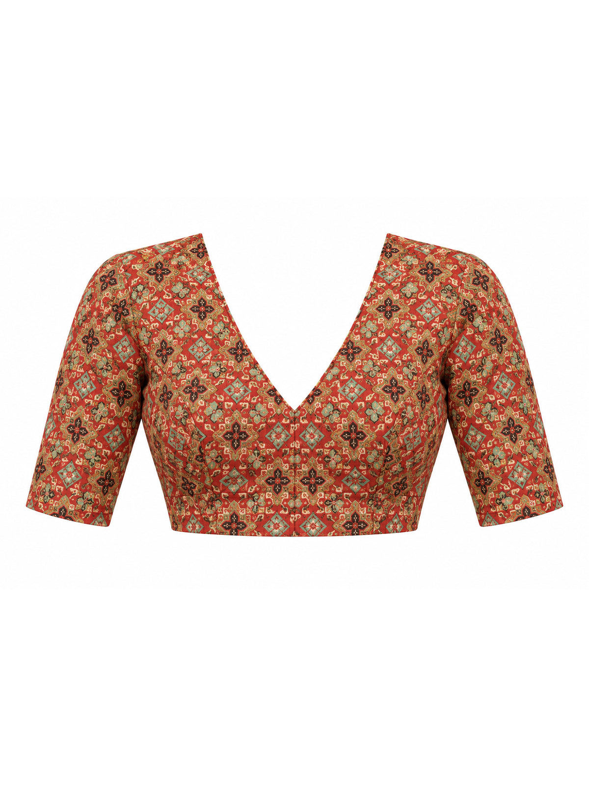 Unstitched rust silk blend blouse piece with ajrak design