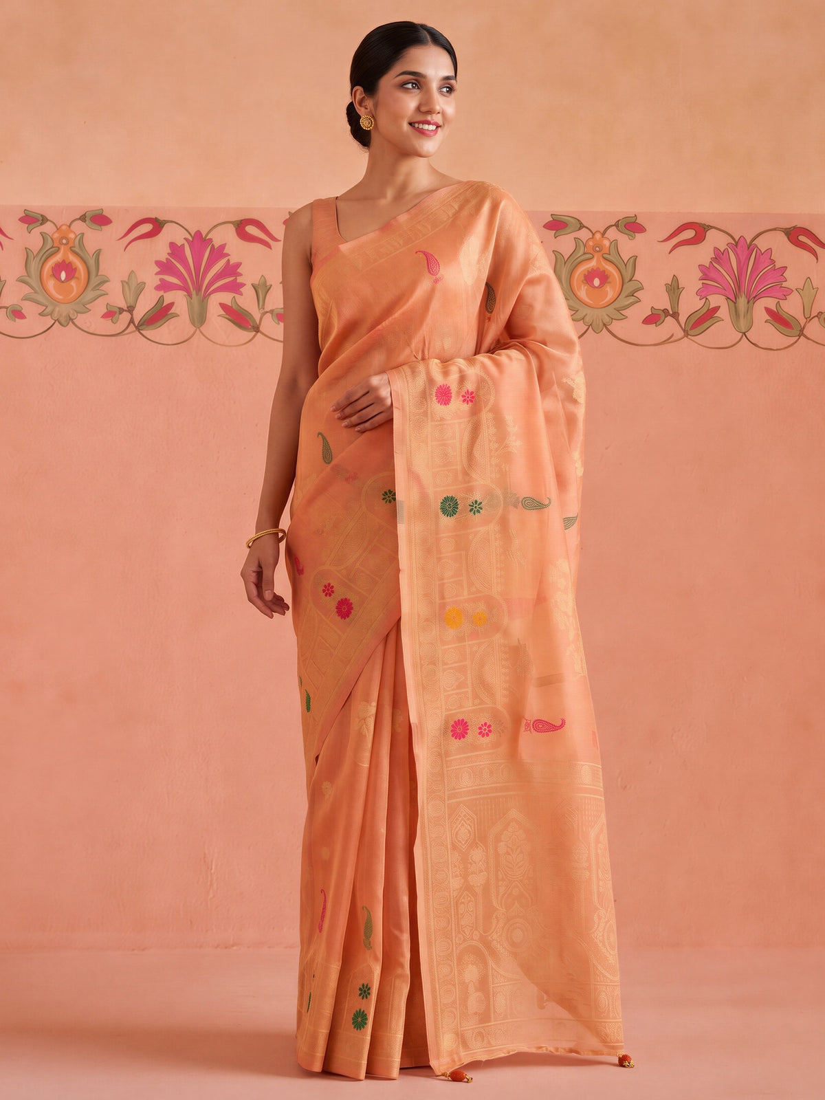 Peach ethnic motif silk blend saree with peach blouse piece
