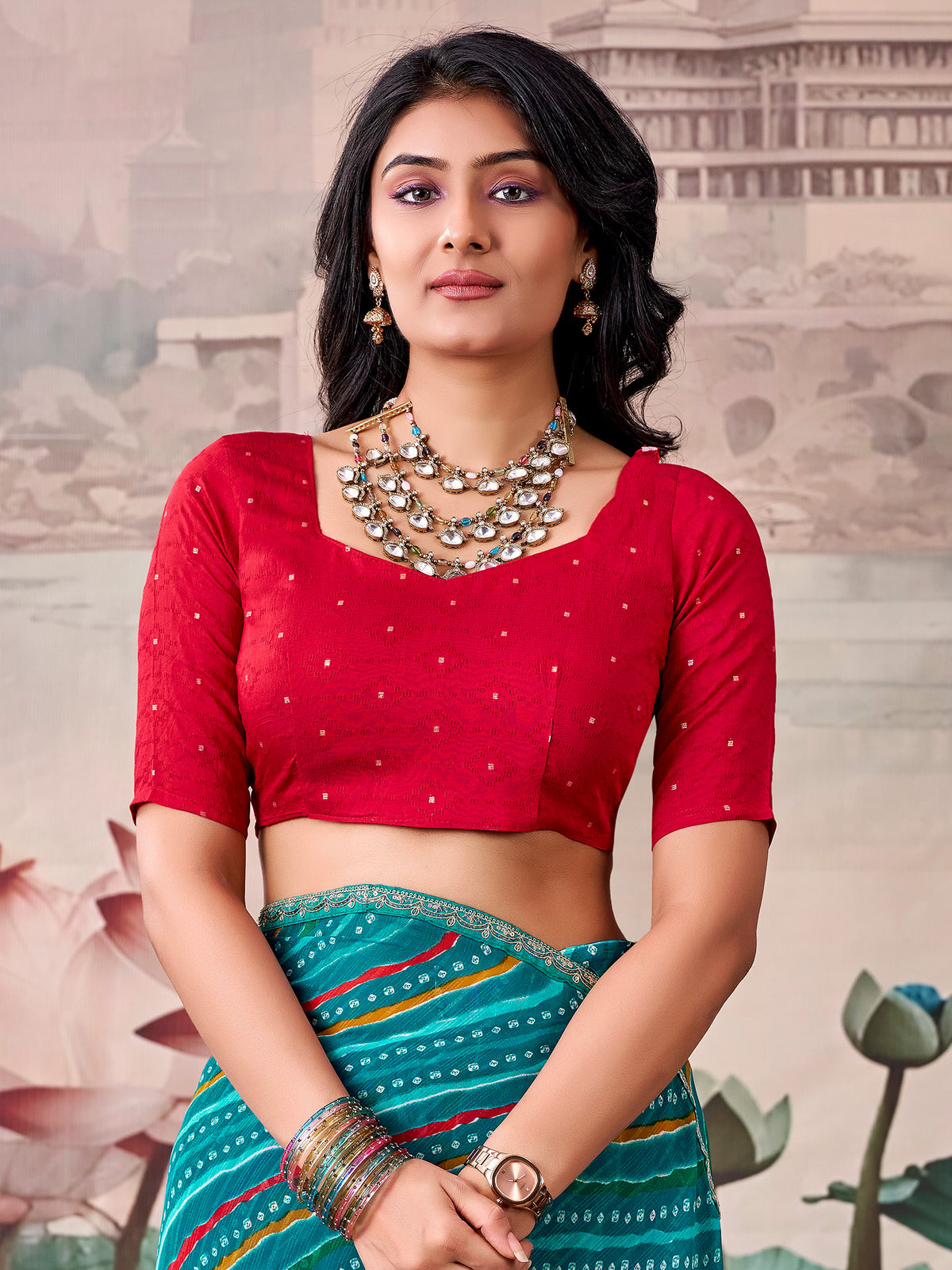 Unstitched maroon georgette blouse piece with zari butta design