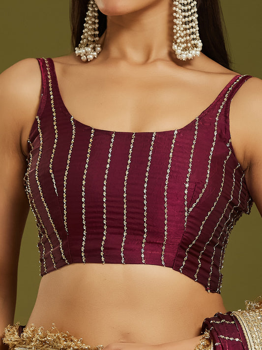 Wine Satin saree – detail view 1