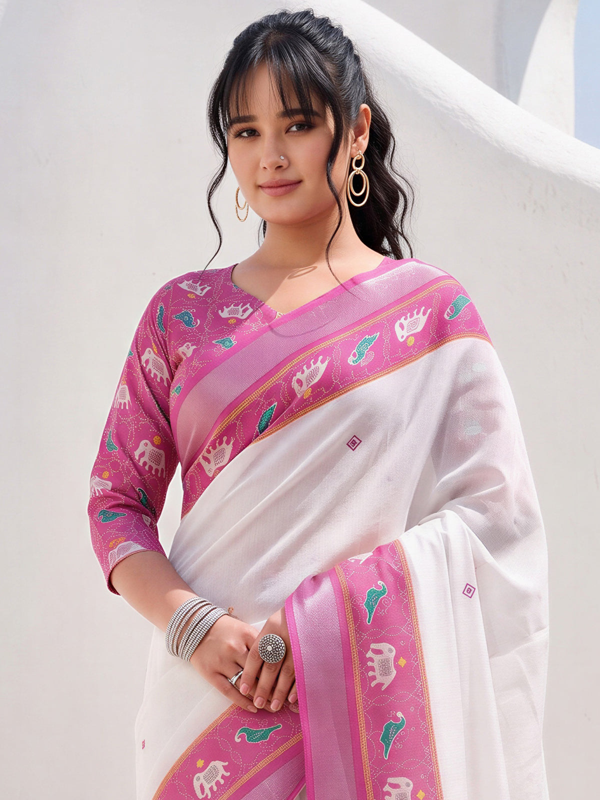 White Cotton Linen saree – detail view 4