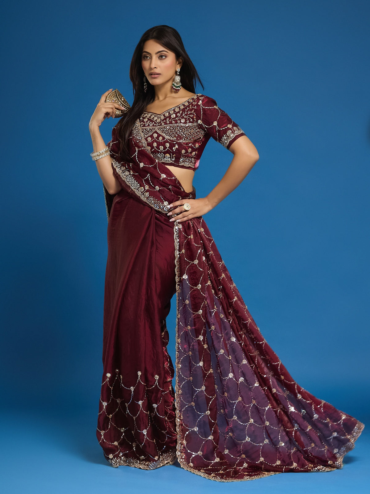 Maroon Satin saree – detail view 3