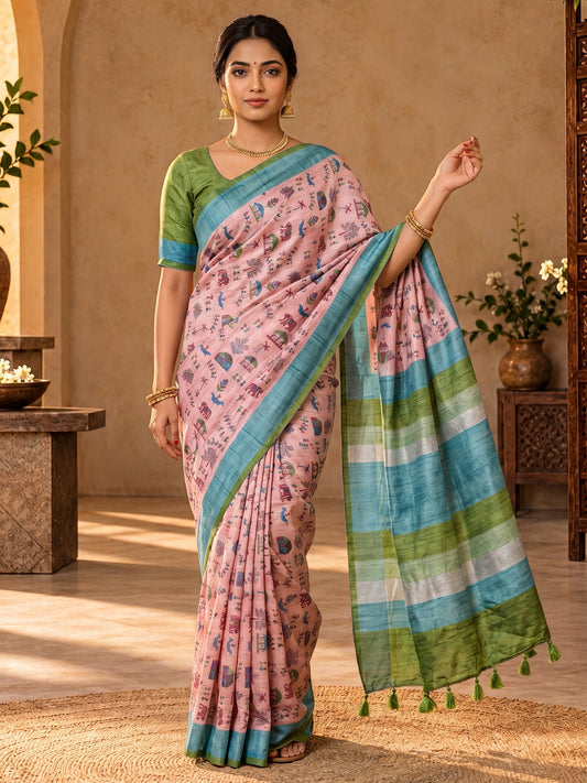 Pink tribal soft silk saree with beige blouse piece