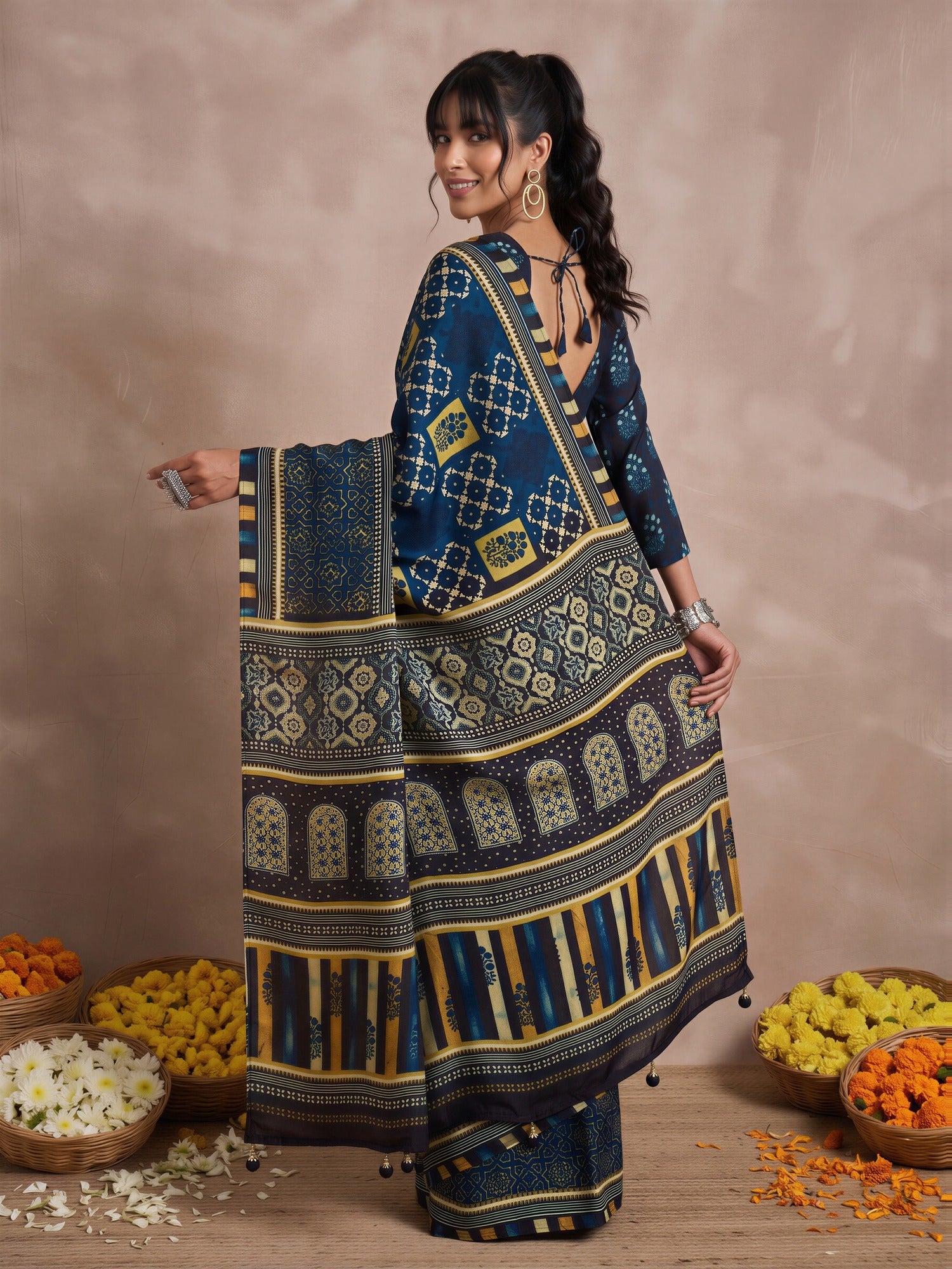 Navy Blue Viscose Silk saree – detail view 1