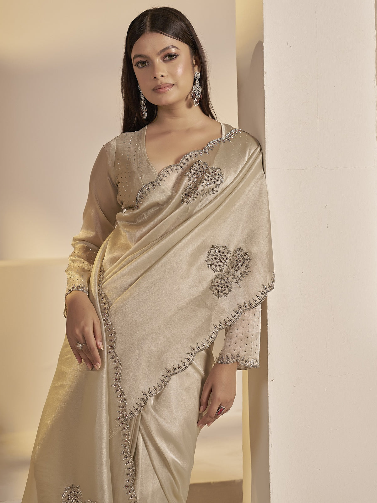 Beige organza saree view 3