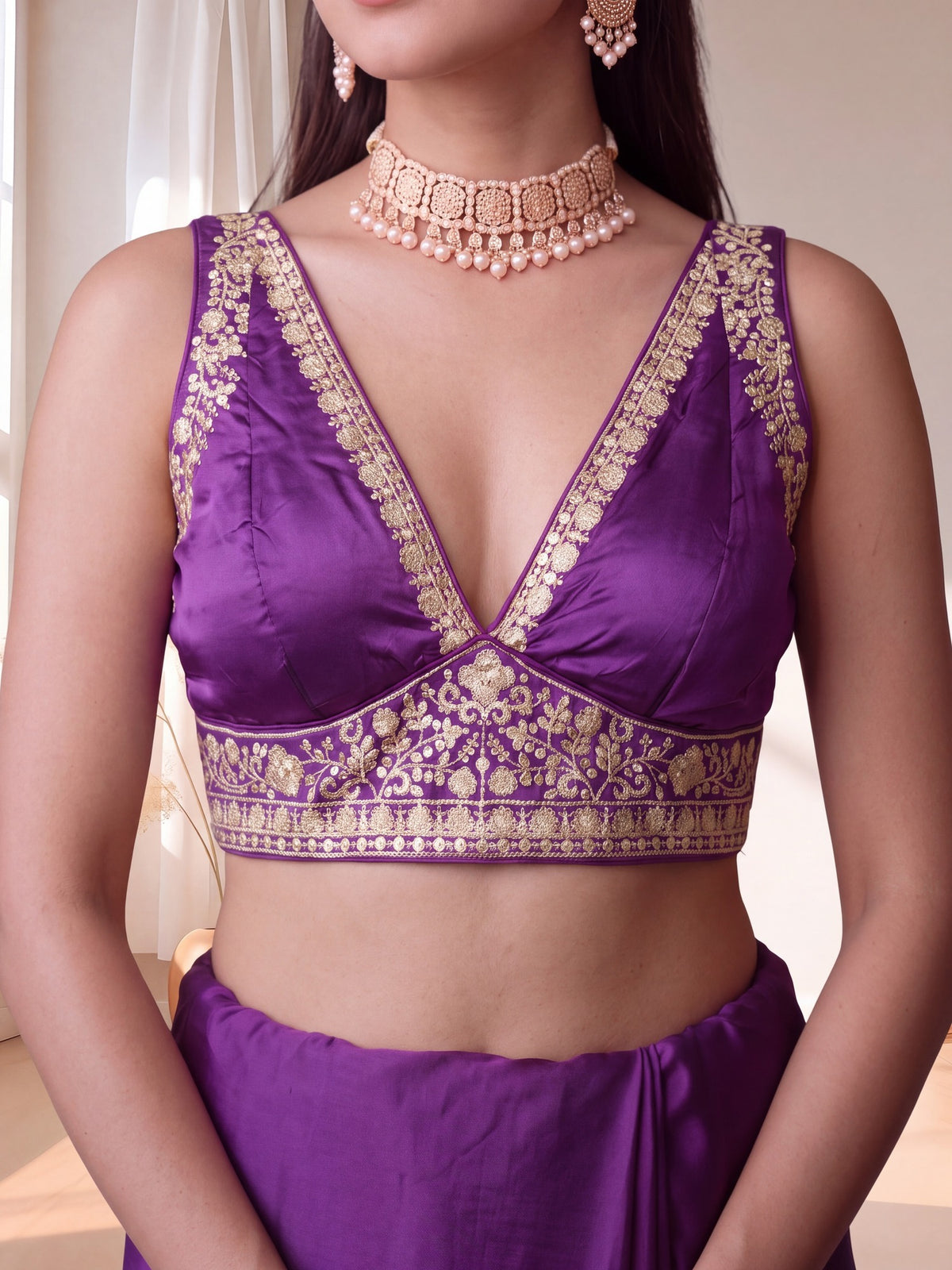 Violet sequin embellished silk blend sleeveless readymade saree blouse with deep v neck view 1
