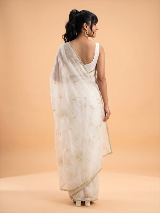 White Georgette saree – detail view 1