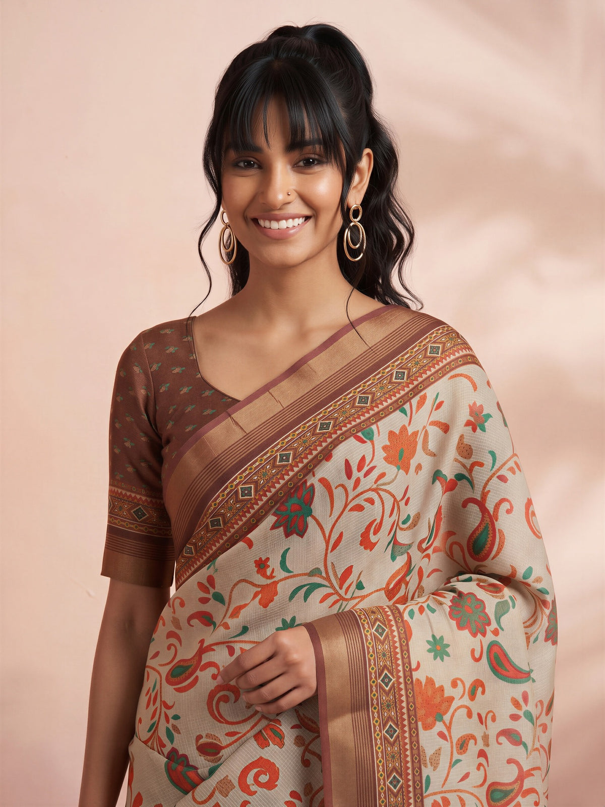 Light Brown Cotton Linen saree – detail view 4