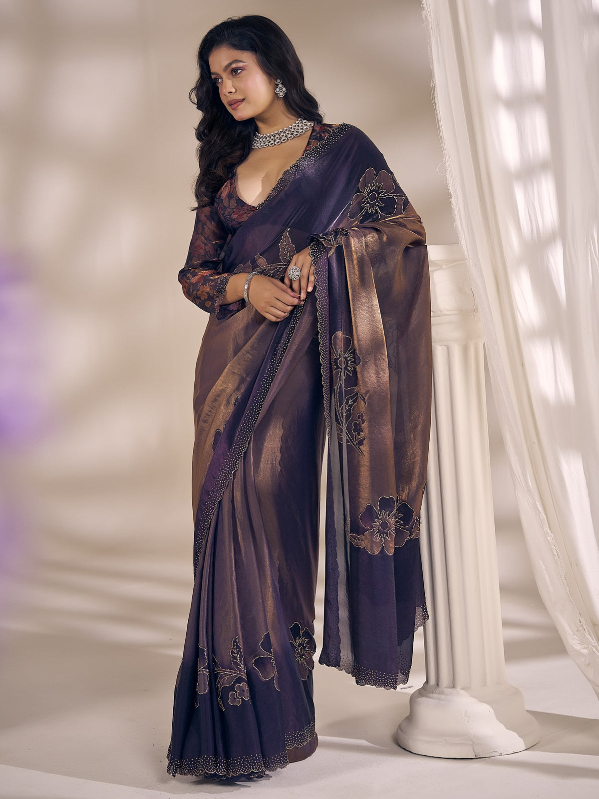 Purple satin silk saree view 3