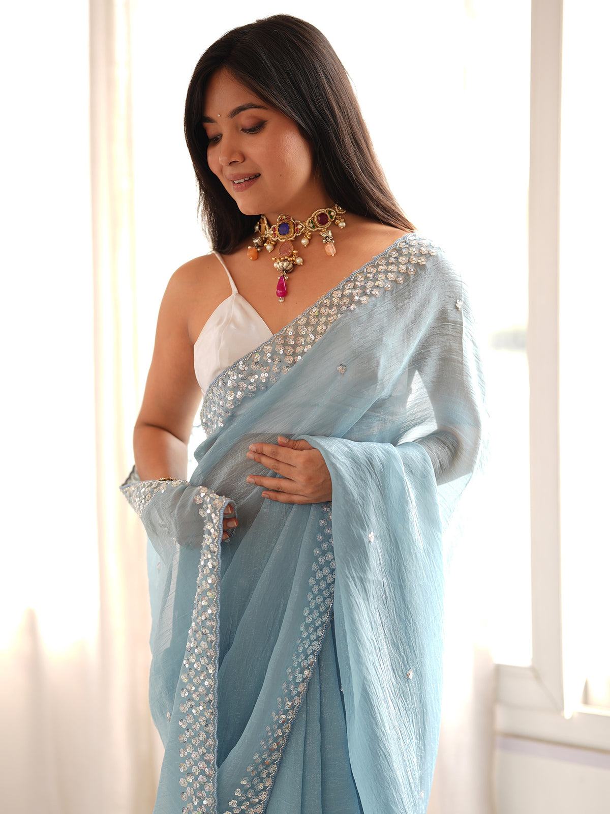 Light Blue Georgette saree – detail view 3