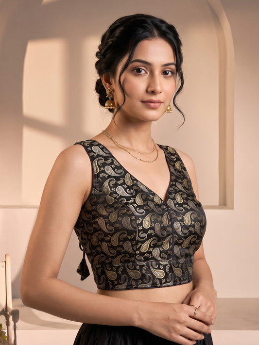 Black woven brocade silk blend sleeveless readymade saree blouse with v neck