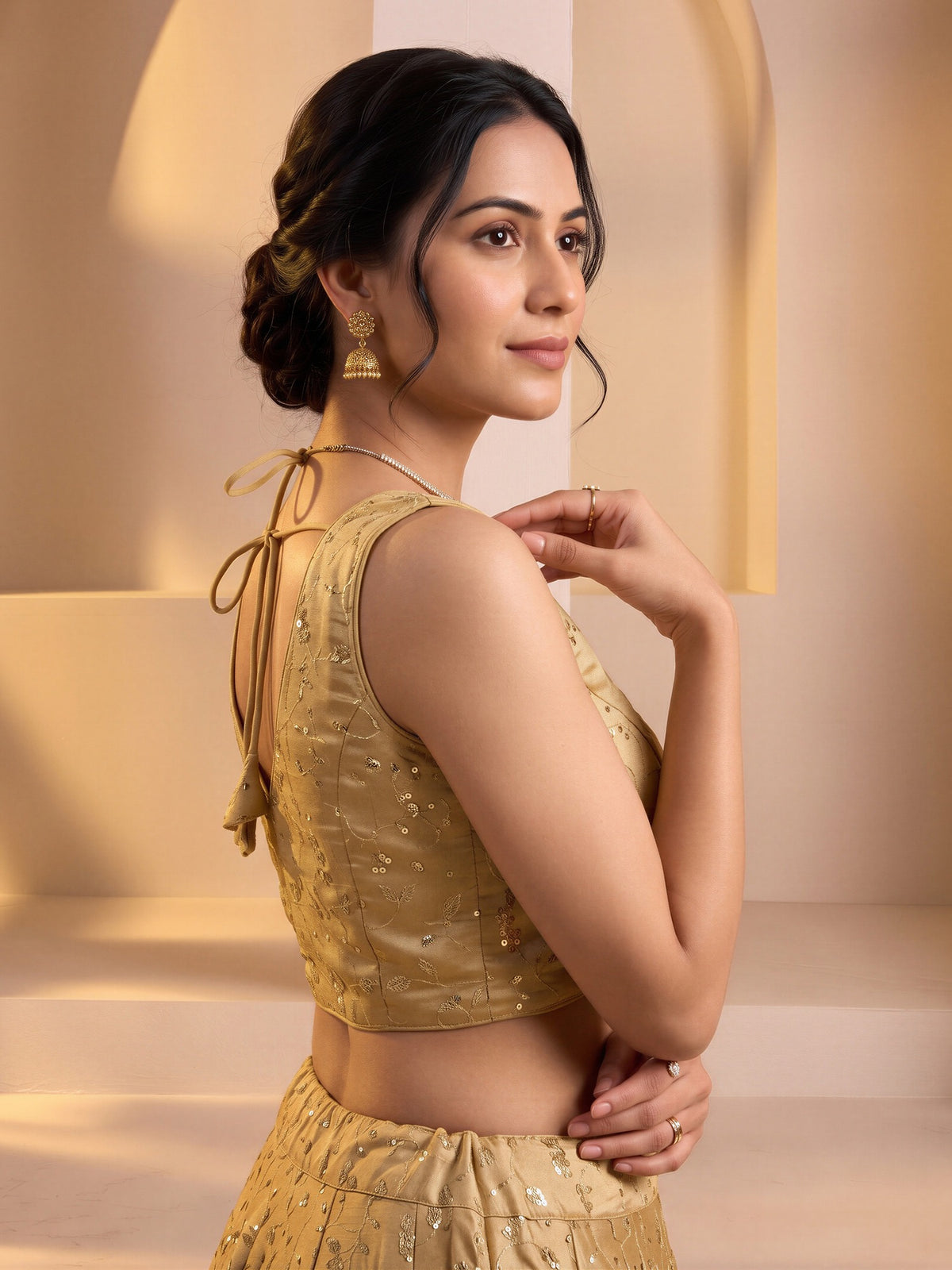 Cream sequin embroidered vichitra silk sleeveless readymade saree blouse with v neck view 2