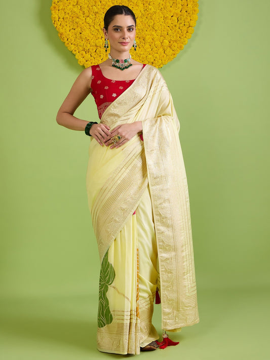 Woman wearing cream silk blend saree with zari butta (metallic motif) work and red blouse