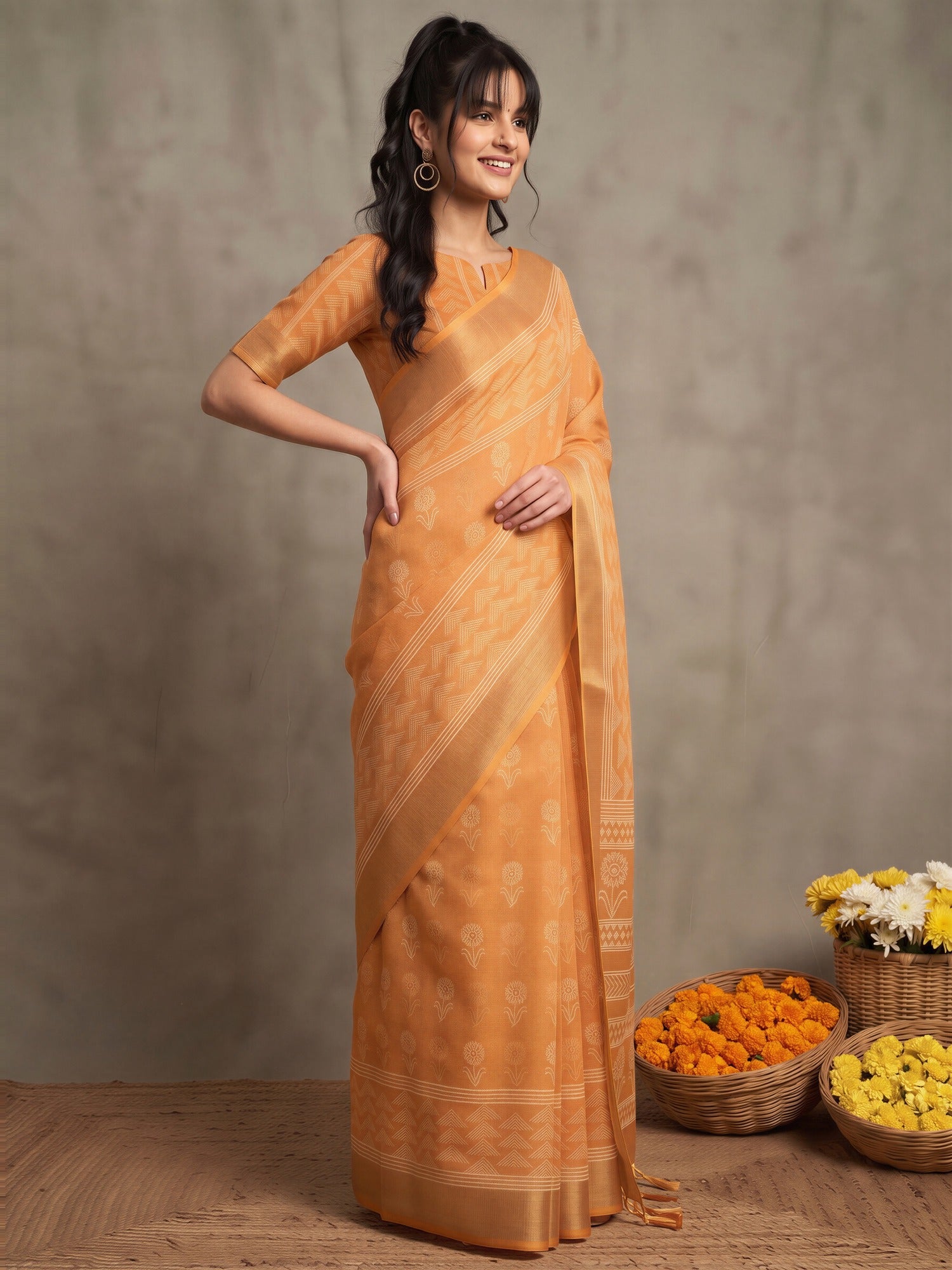 Orange Linen saree – detail view 2