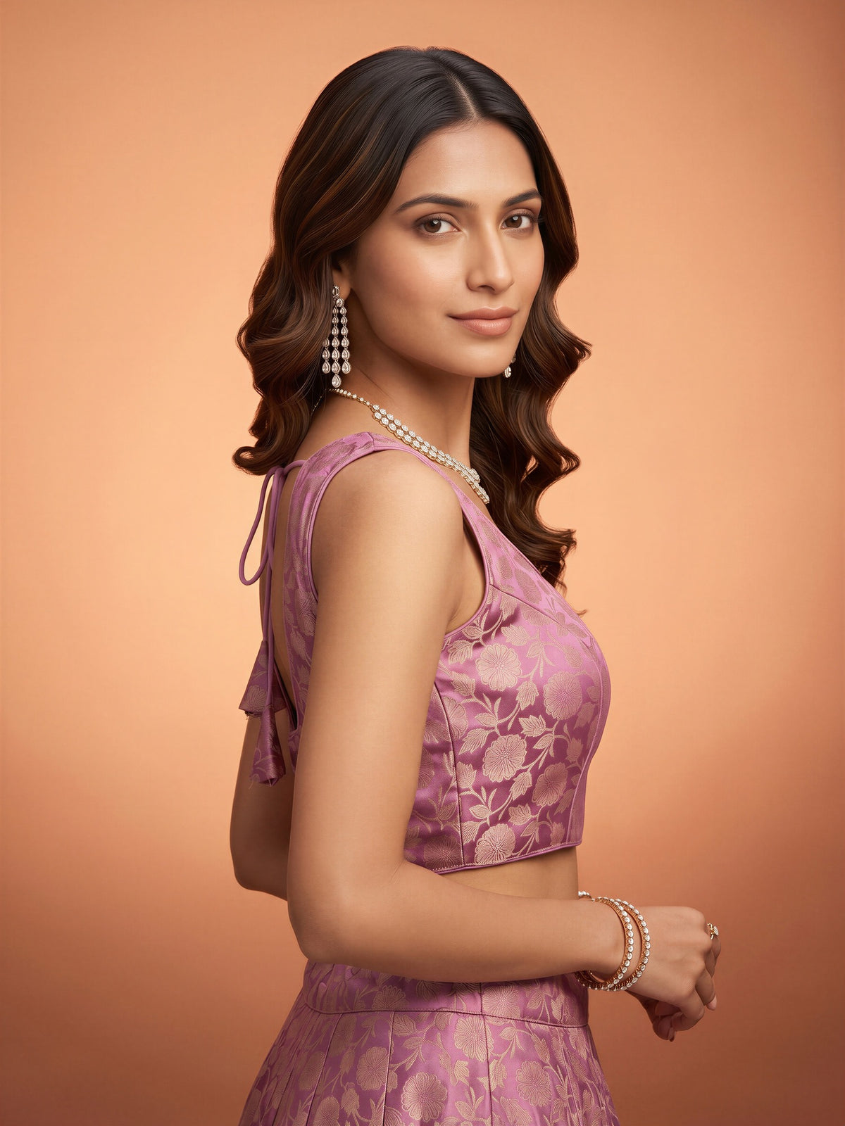 Mauve woven brocade silk blend sleeveless readymade saree blouse with round neck view 2